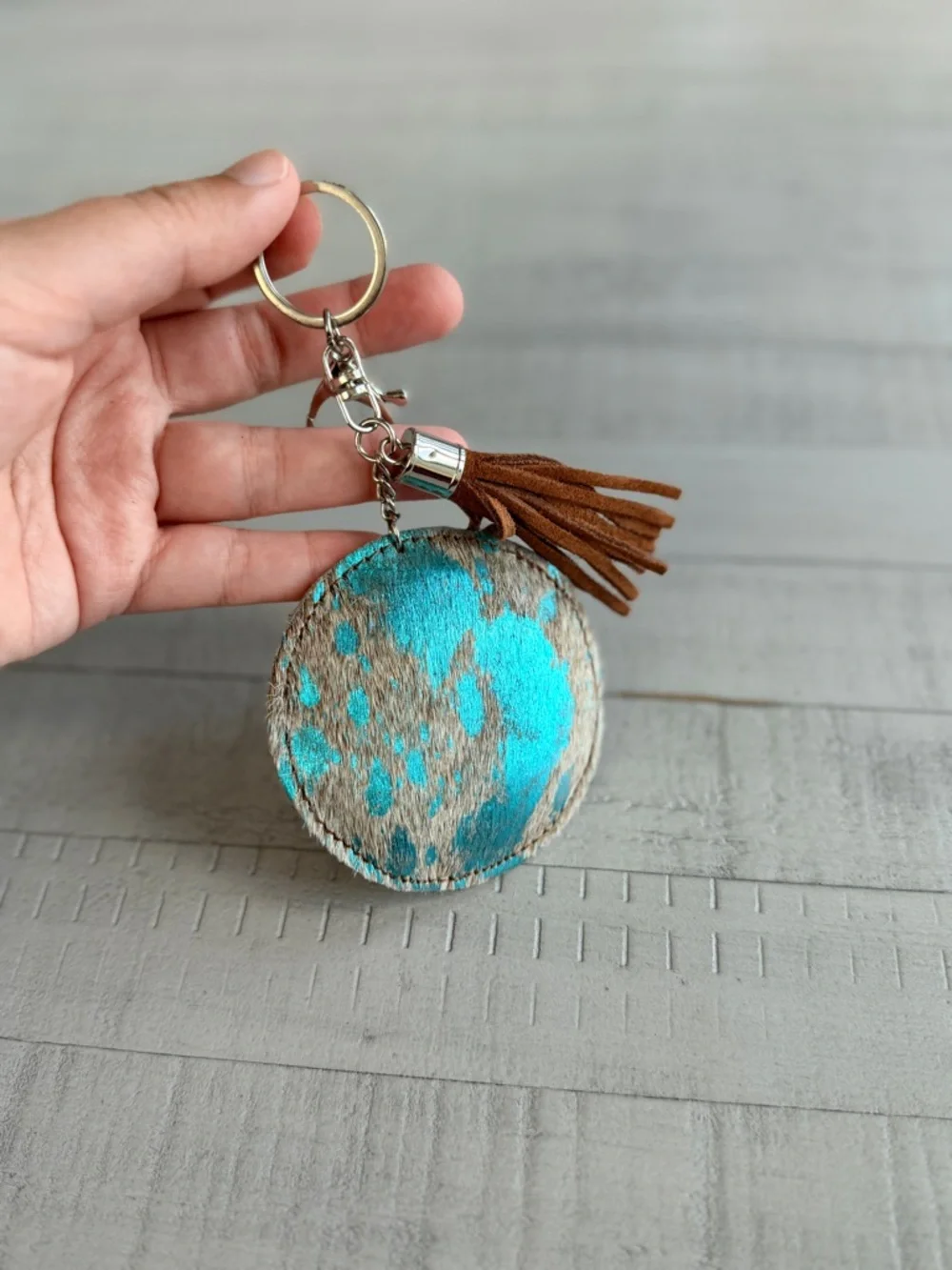 Western Acid Wash Round Turquoise & Gray Cowhide Keychain with Brown Tassel